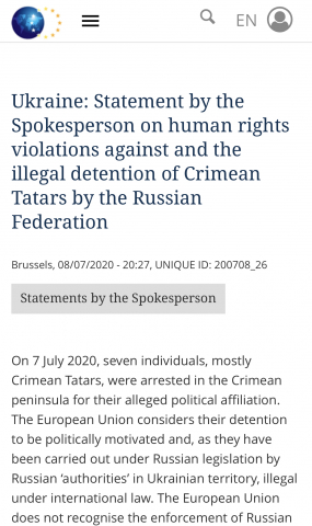 Європейський Союз вважає затримання кримських татар на окупованому півострові незаконними