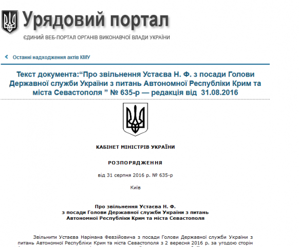 Наріман Устаєв пішов з посади керівника Держслужби з питань АР Крим
