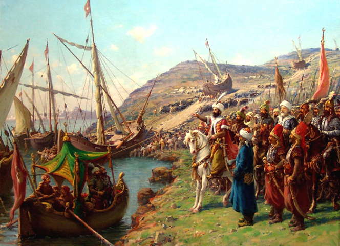 Османский султан наблюдает за переброской флота по суше